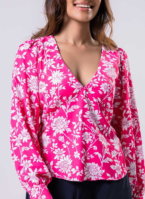 Long Sleeve V Neck Chiffon Printed Top-Pink
