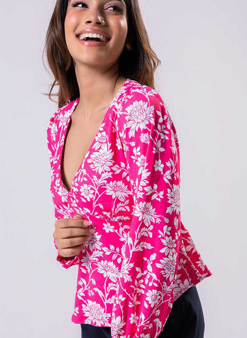 Long Sleeve V Neck Chiffon Printed Top-Pink