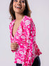 Long Sleeve V Neck Chiffon Printed Top-Pink
