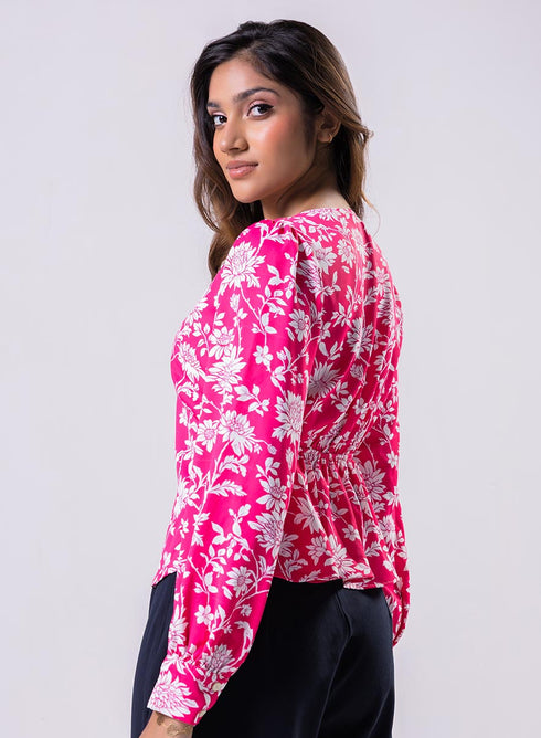Long Sleeve V Neck Chiffon Printed Top-Pink