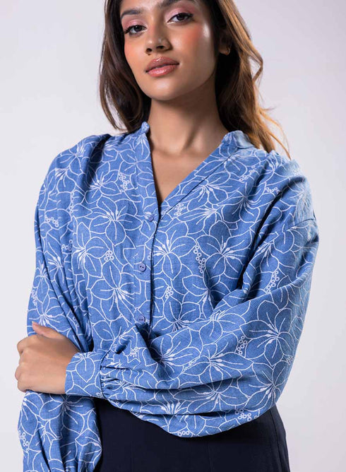 V Neck Mandarine Collar Top-Blue