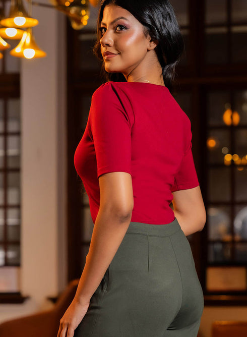 Curve V Neck Ponte Top - Maroon