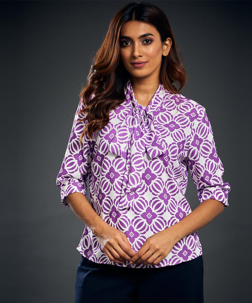 Front Tie Half Sleeve Purple Printed Top