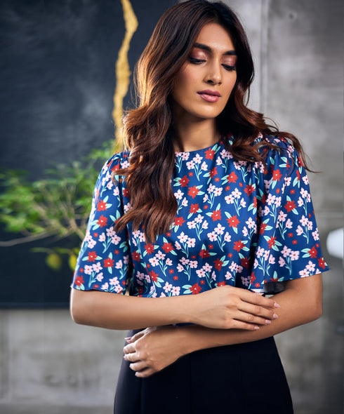 Sleeve Flared Blue Printed Top