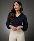 Vneck Frilled Classic Collared Navy Top