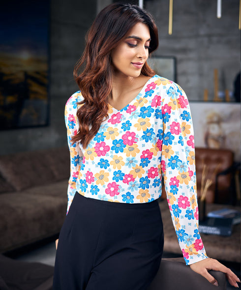 Long Sleeve Gathered Chiffon Printed Top