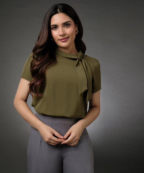 Neck Tie Short Sleeve Olive Top