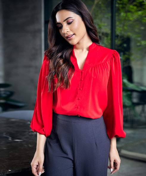 Vneck Front Buttoned Ballooned Sleeve Top