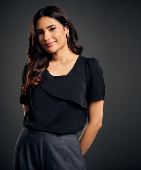 Solid Asymmetrical Neck Puff Sleeve Blouse