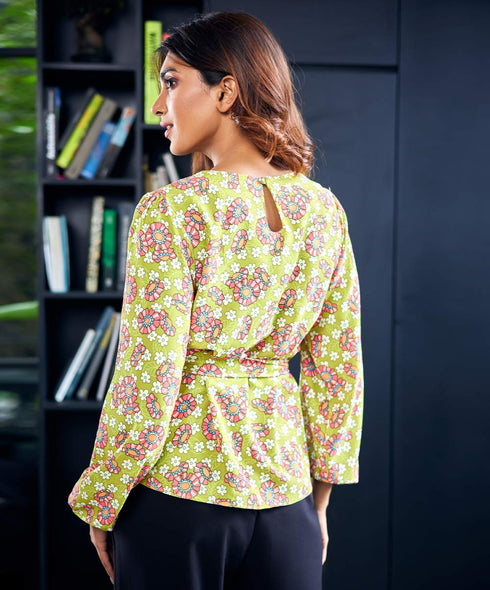 Printed Waist Tie Chiffon Top