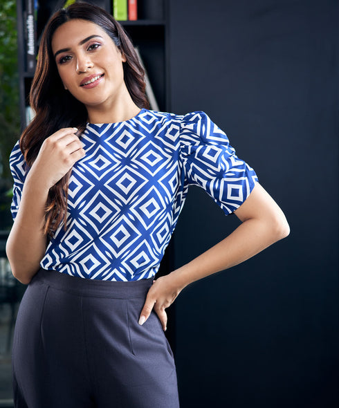 Mid Gathered Sleeve Chiffon Printed Top