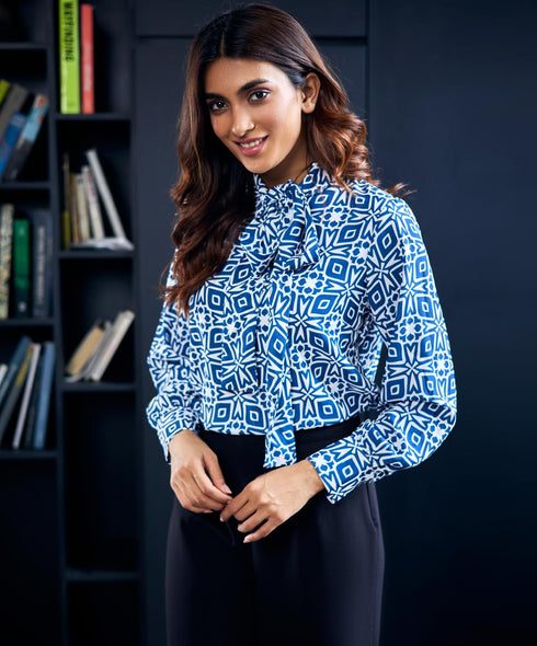 Neck Tie Blue Printed Chiffon Top