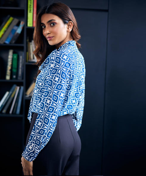 Neck Tie Blue Printed Chiffon Top