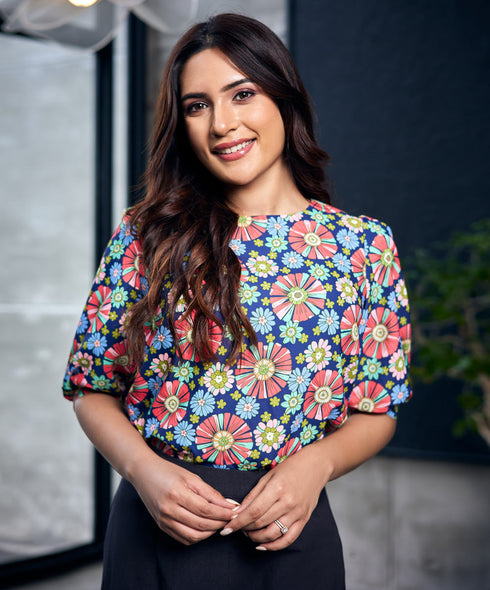 Half Sleeve Blue Printed Chiffon Top