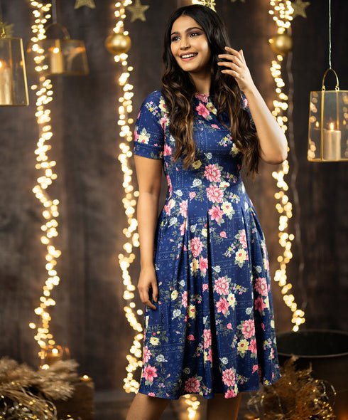 Blue Base Floral Short Sleeve Dress
