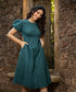 Teal Puffed Sleeve Out Seam Linen Dress