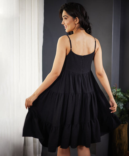 Gathered And Layered Strappy Linen Dress