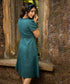Teal Puffed Sleeve Out Seam Linen Dress