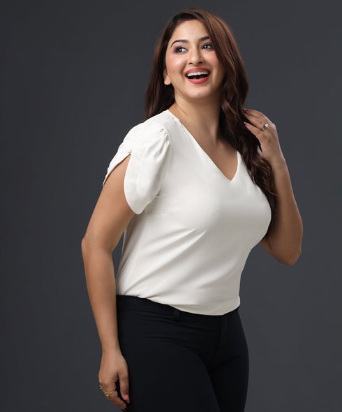 Vneck Sleeve Spilt Chiffon White Top