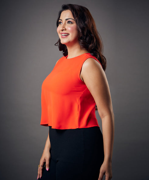 Sleeveless Basic Solid Orange Chiffon Top