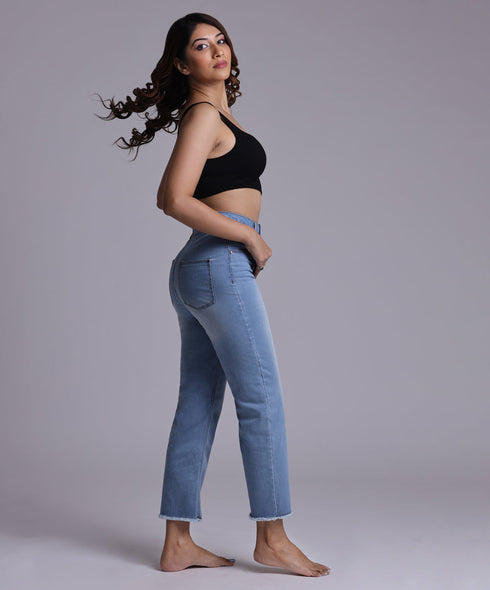 Blue High Rise Hem Fray Jean