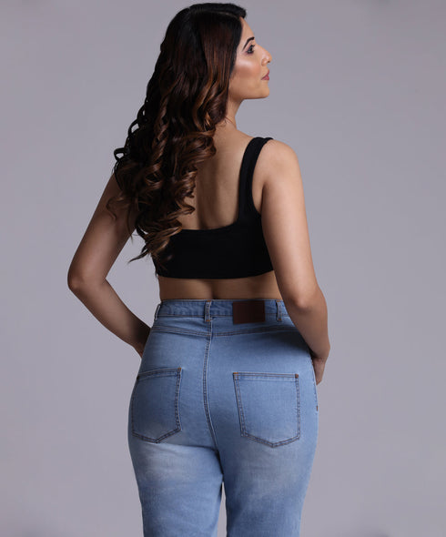 Blue High Rise Hem Fray Jean