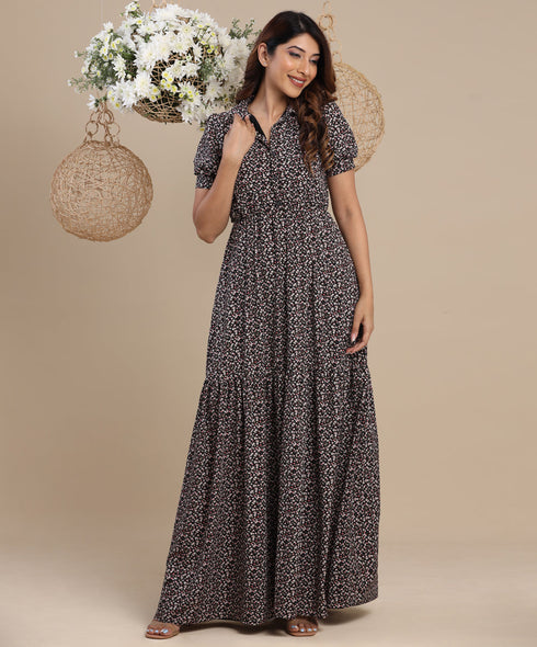 Sleeve Detailed Maxi Dress With Collar