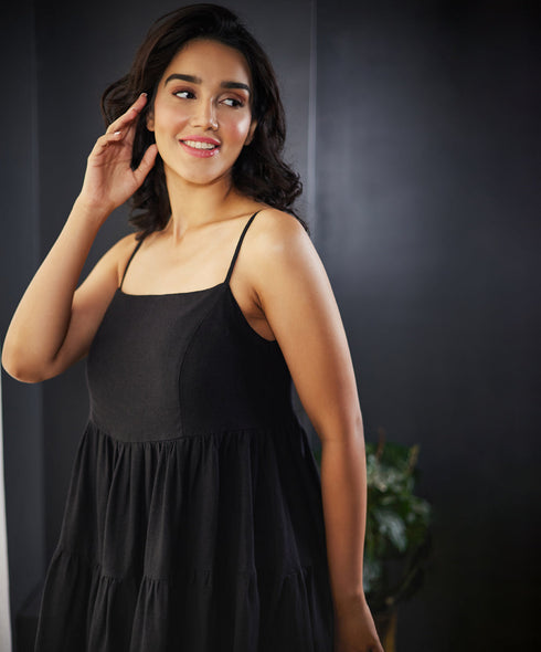 Gathered And Layered Strappy Linen Dress