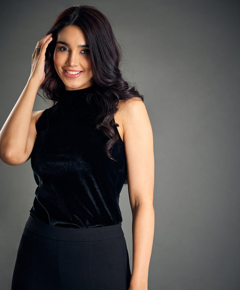 Sleeveless High Neck Black Velvet Top