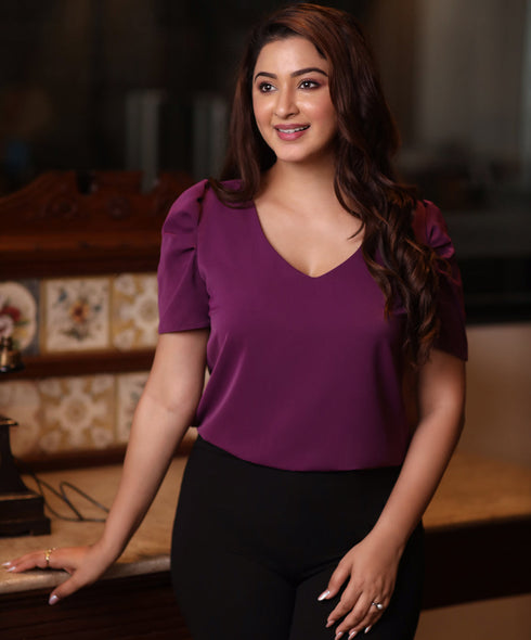 Vneck Chiffon Puffed Sleeve Purple Top