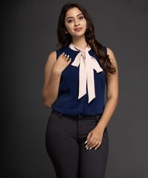 Blue And Beige Neck Tie Sleeveless Top