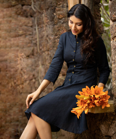 Dark Blue Waistless Linen Dress