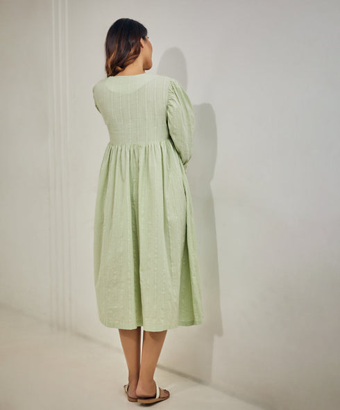 Vneck Gathered Sleeve Cotton Dress