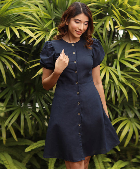 Front Buttoned Balloon Sleeve Linen Dress