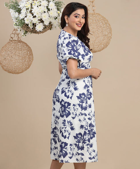 Printed Round Puffed Sleeve Dress