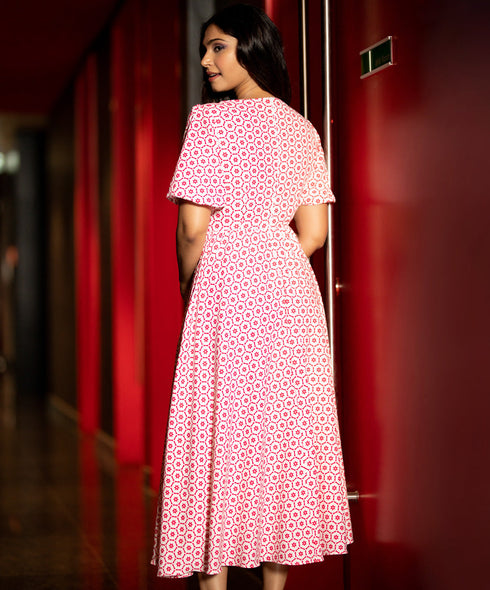 V Neck Pink Honeycomb Printed Dress