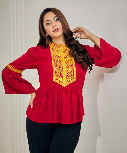Heavy Embroidery Flouncy Sleeve Cotton Top