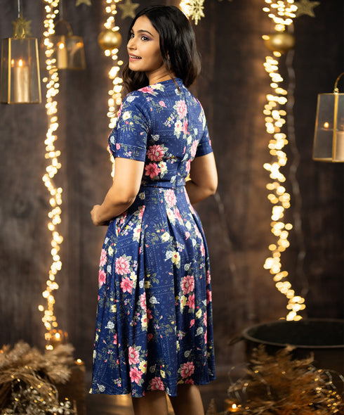 Blue Base Floral Short Sleeve Dress