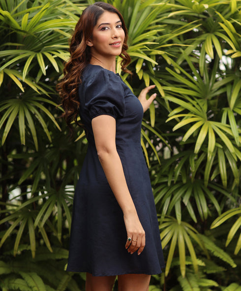 Front Buttoned Balloon Sleeve Linen Dress