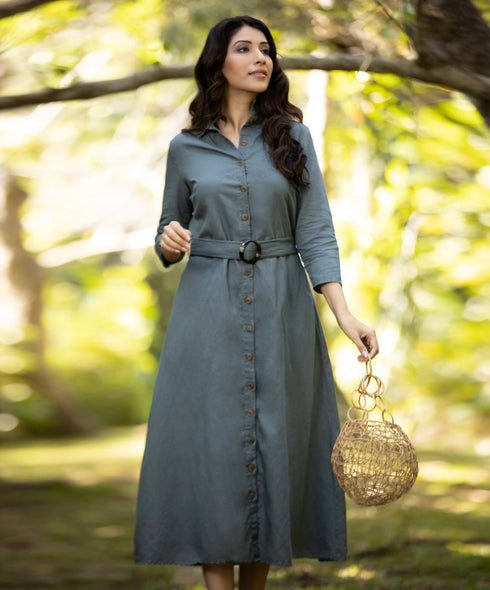Slate Grey Elegant Buttoned Shirt Linen Dress