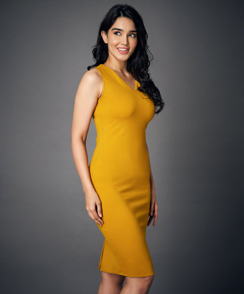 Vneck Sleeveless Bodycon Mustard Dress
