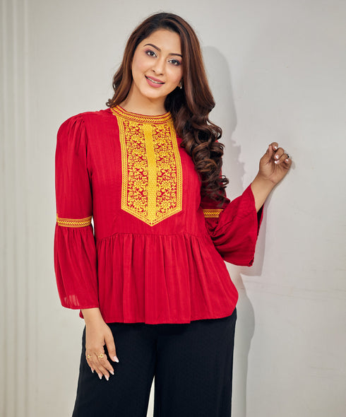 Heavy Embroidery Flouncy Sleeve Cotton Top