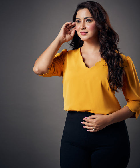 Neck Scalloped Half Sleeve Mustard Top