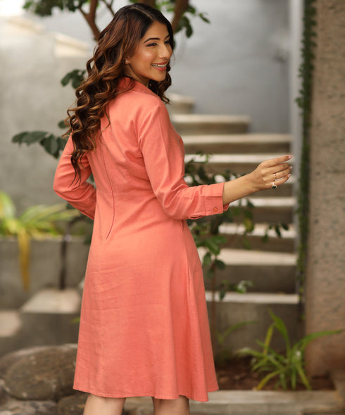 Eyelet Detailed Collared Linen Pink Dress