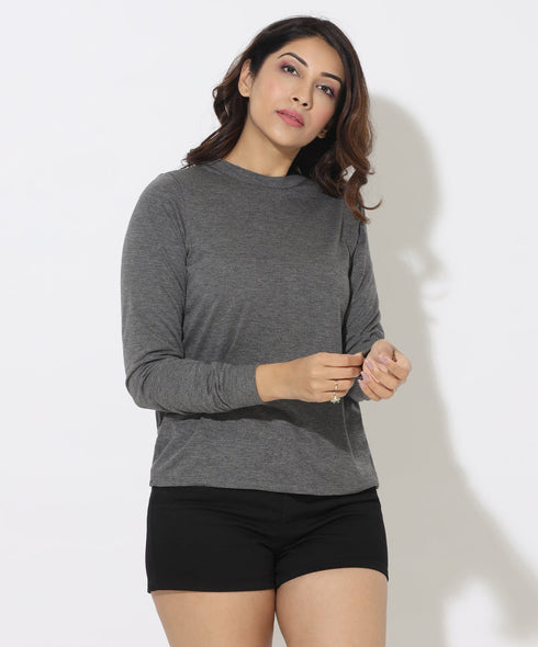 Basic Crew Neck Long Sleeve Gray Tshirt