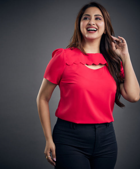 Detailed Scalloped Pink Chiffon Top