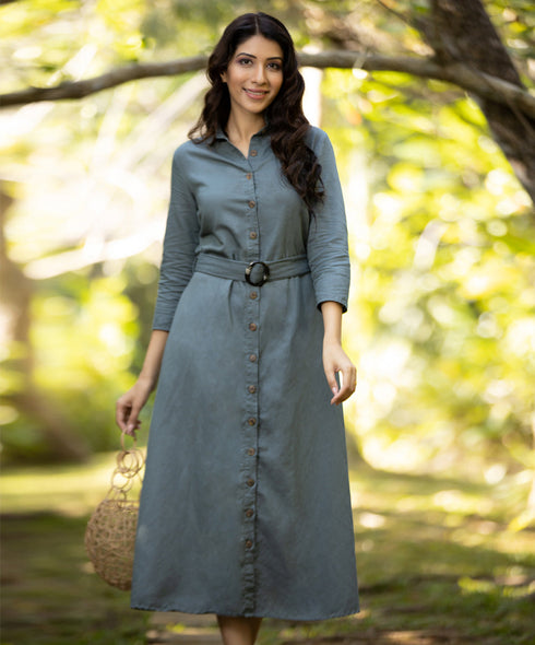 Slate Grey Elegant Buttoned Shirt Linen Dress