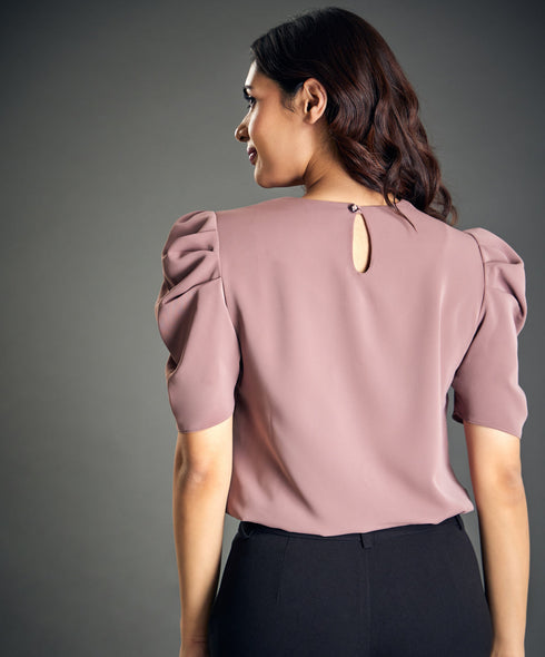Bow Notch Sleeve Detailed Brown Top