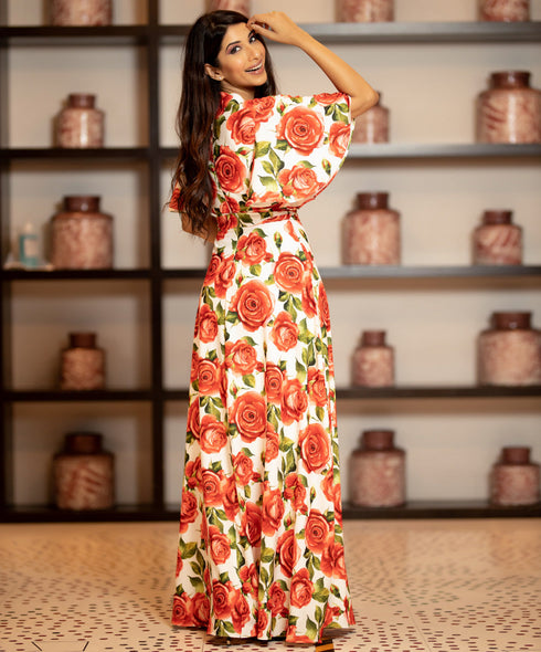 Sleeve Flared Self Belted V Neck Maxi