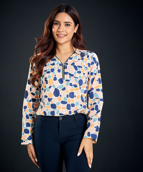 Zipper Opened Half Sleeve Printed Top